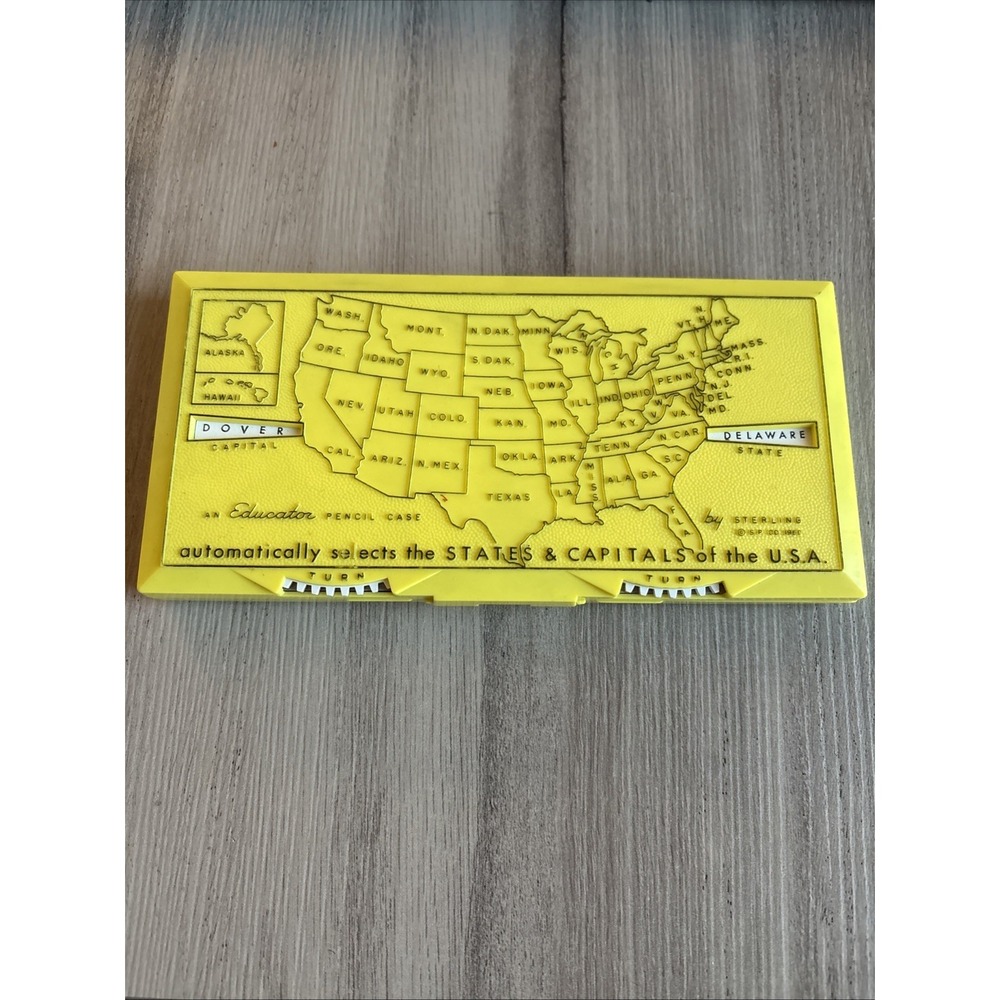 Rare Vtg 1960 Sterling Educator Pencil Case Yellow State Capitals w/ Supplies